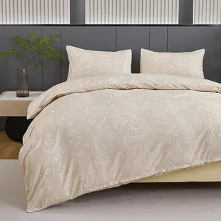 Jemiipee Bettwäsche 155x220 cm Beige, Bettwäsche-Set mit Blumenmuster, Bettbezug 155 x 220 Kissenbezug 80x80, Deckenbezug Wendebettwäsche Weich mit Reißverschluss