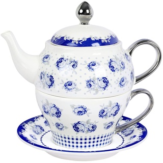 fanquare Vintage Blaue Blumen Tea for One Set, Tupfen Porzellan Kaffeetassen Set mit Teekanne, Tasse und Untertasse