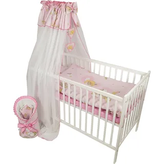 HAPPY 12 Teiliges Babybett Kinderbett und Bettwäsche komplett Set höhenverstellbar aus Massivholz für Neugeborene Babys und Kleinkinder (Rosa-Teddybär auf Leiter) - Rosa
