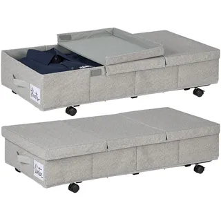 Relaxdays Unterbettkommode 2er Set, 50 L, mit Rollen, HxBxT: 20x80x40 cm, faltbar, mit Deckel, Unterbettbox flach, grau