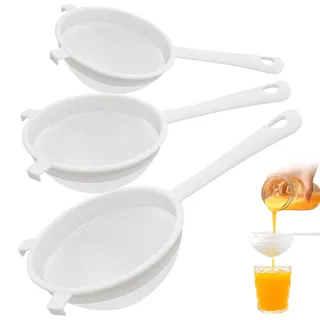 Kinesgsg 3Stück Plastik Küche Sieb Fein mit Griff, Drei Größen, Sieb Filter | Küchensieb aus Nylon, BPA-frei, Nylon Kunststoff Küchensieb, Spülmaschinengeeignet, für Kefir, Kaffee, Säfte, Backen