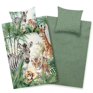 Aminata kids Bettwäsche Zootiere 135x200 Baumwolle Mädchen und Jungen YKK Reißverschluss grün Kinderbettwäsche Dschungel Giraffe Löwe Zebra AFFE