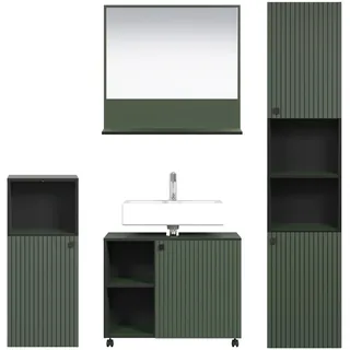 trendteam smart living - PureBliss - Badezimmer Komplettset (WBU + Spiegel 60cm + Standschrank + Hochschrank) - Grün - Rillenoptik - Aufbaumaß (BxHxT) 180 x 186 x 42 cm - Metallgriffe
