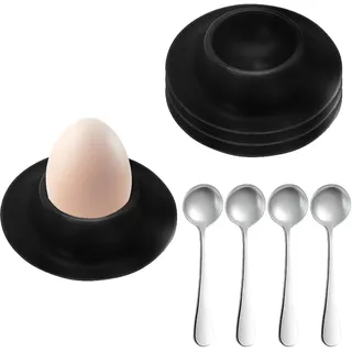 Eierbecher Set Schwarz 4er mit 4 Löffeln, Kunststoff Eierhalter Schwarz Matt mit Ablage, Wiederverwendbar für Frühstück, Brunch, Ostern und Küche