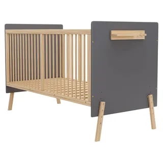 Babybett aus Massivholz - Kinderbett - 3-fach höhenverstellbar, umbaubar, umweltfreundliche Lackierung, Matratze nicht enthalten, blaugrau & Naturholz