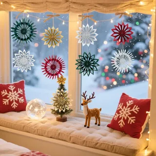 SUNBEAUTY Weihnachtsbaum Deko 3D Mini Papier Aufhängen Fächer Schneeflocke Hängen Papier Girlande Boho Pappsterne für Weihnachten Deko Herbst/Winter Dekoration,Tischdeko,Waldgeburtstag (9 Stück,Rot)