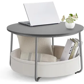VASAGLE Couchtisch rund, Tisch mit Stauraum, Beistelltisch, Wohnzimmertisch mit Korb aus Stoff, modern, Metallrahmen, zementgrau-cremeweiß LCT244G01