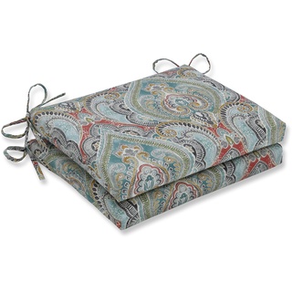 Pillow Perfect Paisley Eckstuhl-Sitzkissen mit Bändern, Plüschfaser-Füllung, Wetter- und lichtbeständig, 40,6 x 47 cm, Blau/Mehrfarbig, 2 Stück