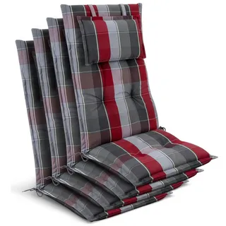 Beautissu Hochlehner Auflage 120 x 50 x 7 cm grau/rot/hellblau kariert 4-tlg.