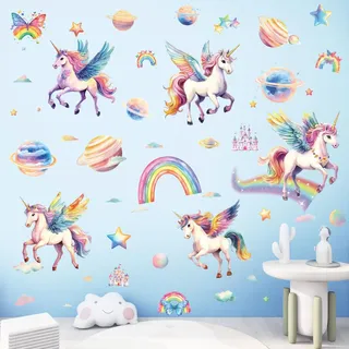 SHUHCING Wandtattoo Einhorn, Wandsticker Regenbogen Einhorn, Selbstklebend Wandaufkleber für Mädchen Kinderzimmer Babyzimmer