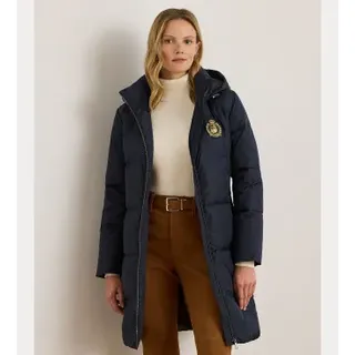 Lauren Ralph Lauren für Damen. 297P04126003 Daunenmantel mit Kapuze und marineblauem Aufnäher (M), Lässig, Recyceltes Polyester, Nachhaltig