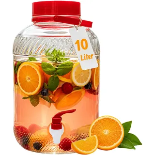 Relaxdays Getränkespender, 10 Liter, Glas, Kaltgetränke, transparent/rot | Zapfhahn, Deckel, Tragegriff, Wasserspender