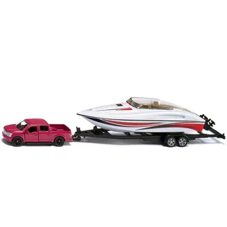 Siku Ford F150 mit Motorboot, 1:55, Metall/Kunststoff, Rot/Weiß, Bereifung aus Gummi, Schwimmfähiges Spielzeugboot