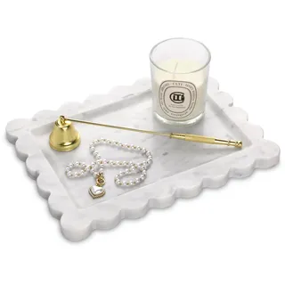 Tablett Marmor Natürlichem für Badezimmer mit Gewelltem Rand Schminktabletts Schmuckschale Deko Tablett für Kommode, Parfüm, Kaffee, Kerzen, Küchen, Schlüsselringablage Carrara Weiß 27 x 20 cm