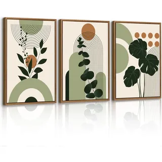 3 Pcs Boho Salbei Grün Leinwand Bilder mit Rahmen Set, Ästhetik Pflanze Blatt Wandbilder Orange Geometrische Linien Bild Auf Leinwand Poster Kunstdrucke Deko für Wohnzimmer Schlafzimmer Büro 40X60cm