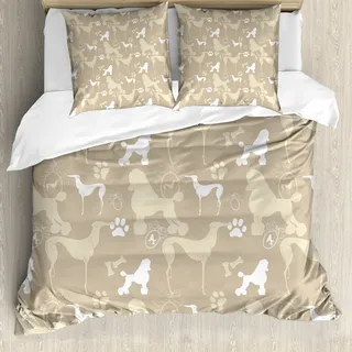 ABAKUHAUS Hundeliebhaber Bettbezug, Pet Tiere Leine, Milbensicher Allergiker geeignet mit Kissenbezügen, 155 cm x 220 cm - 80 x 80 cm, Tan Weiß - Weiß