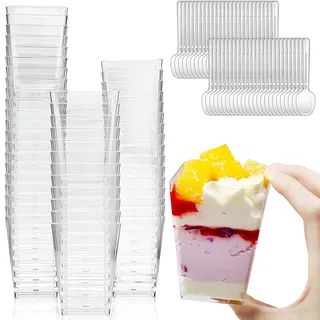 UQMIQURA 50 Stück Desserttasse mit 50 Stück Löffeln, 5OZ/160ML Plastik Desserttasse, Klare Dessertschalen Wiederverwendbar Quadratischer Desserttassen Trapezoid Becher für Desserts Pudding