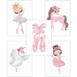 Pandawal Kinderzimmer deko Mädchen Wandbilder Ballerina Schwan/Pferd Rosa Bilder 5er Poster Set (T7) im DIN A4 Format