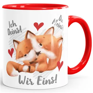 SpecialMe® Kaffee-Tasse Spruch Ich Deins Du Meins Wir Eins Geschenk Liebe Valentinstag Jahrestag Fuchs weiss-innen-rot Keramik-Tasse