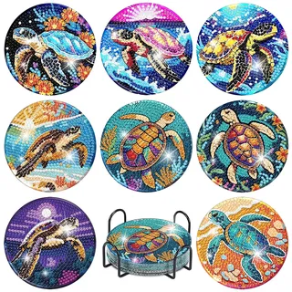 8 Stück Diamond Painting untersetzer with Holde- Turtle Design DIY Bastelset für Basteln Erwachsene & Anfänger, für Wohndekoration (Geschenkidee zum Geburtstag/Weihn)