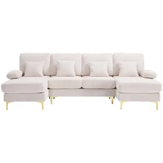 Redom U-Form Wohnlandschaft Samt mit LED und USB-Anschluss 265/135/88 cm Beige , Textil , 135x88x265 cm , Wohnzimmer, Sofas & Couches, Wohnlandschaften, Wohnlandschaften in U-Form
