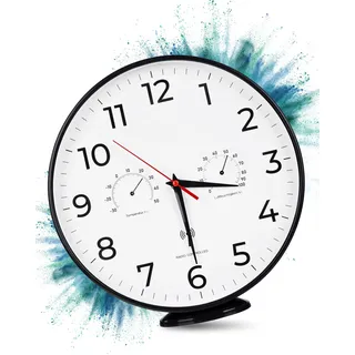 LATENO - Funkwanduhr Schwarz - zum Aufstellen oder Aufhängen - 30 cm - misst Temperatur und Luftfeuchtigkeit - Funkgesteuert - Wanduhr - Batteriebetrieben - Funkuhr - Küchenuhr Funk - Wanduhr Funk