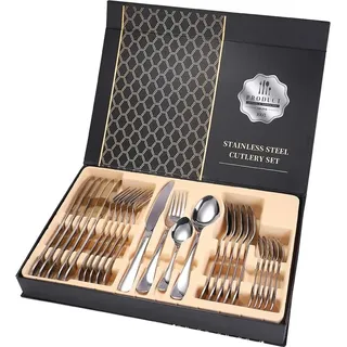 Besteckset für 6 Personen, 24-teiliges Set aus Edelstahl, hochglanzpoliertes Geschirrset als Geschenk, Messer, Gabeln, Löffel und Kaffeelöffel mit Geschenkbox für Weihnachten, Camping, roségoldfarbenes Geschenkset - Rosa