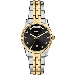 Fossil Scarlette Uhr für Damen, 34-mm Quarz-Dreizeiger-Datum-Uhrwerk mit Edelstahlarmband