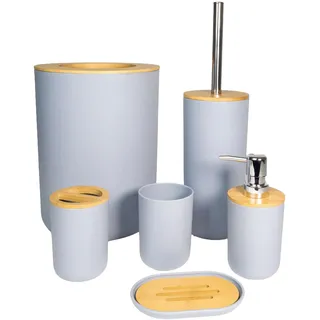 Intirilife Badezimmer Zubehör Set aus Bambus und Kunststoff in Grau - 6 teiliges Set Zahnputzbecher Zahnbürstenbecher Seifenschale Seifenspender Toilettenbürste mit Halterung und Mülleimer