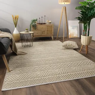 Paco Home Teppich Wohnzimmer Schlafzimmer Kurzflor Skandinavisches Boho Muster Geometrische Optik Einfarbig Moderne Deko, Grösse:80x150 cm, Farbe:Creme