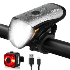 Deilin Fahrradlicht Set, bis zu 70 Lux LED Fahrradbeleuchtung USB Aufladbar Fahrradlampe, IPX5 Wasserdicht Fahrradlichter Vorne Rücklicht Fahrrad Licht Fahrradleuchtenset Fahrradlampe (Silber)