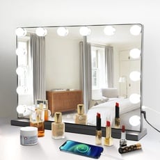 Depuley Hollywood Spiegel mit Beleuchtung für Schminktisch Makeup Schminkspiegel mit USB, 14 Dimmbare LED Leuchten,3 Farbtemperatur Licht, schwarz kosmetikspiegel 50x40cm