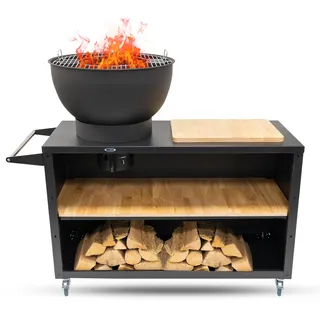 HEAT Outdoor Living Trolle Schwarz - Outdoorküche - Barbecue mit Plancha und Grill - Outdoor Brasero Barbecue auf Rädern - 117x46x106cm