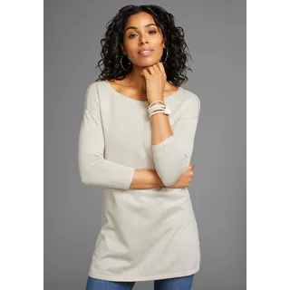 Longpullover LAURA SCOTT, Damen, Gr. 44, beige (beige meliert), Feinstrick, Obermaterial: 70% Viskose, 30% Polyamid, meliert, unifarben, Basic, lässig geschnitten, Rundhals, Pullover Longpullover, Feinstrick mit U-Boot Ausschnitt und seitlichem Schlitz