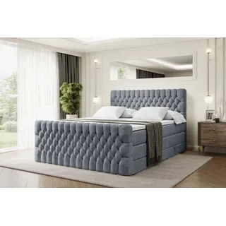 ALTDECOR Boxspringbett mit Fußteil, 2 Matratzen und Topper - 160x200 cm - SERENE-Z KING - Grau Samt - Polsterbett mit, H3- und H4- Matratzen, Bettkasten und Lattenrost, Bett mit Stauraum - Grau