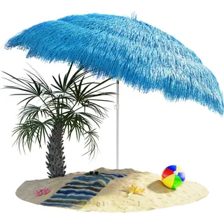 KINGSLEEVE® Sonnenschirm Hawaii Ø160cm Neigbar Höhenverstellbar UV Schutz 30+ Groß Rund Balkon Strand Strohschirm Strandschirm Bast Hawaiischirm Blau - Blau