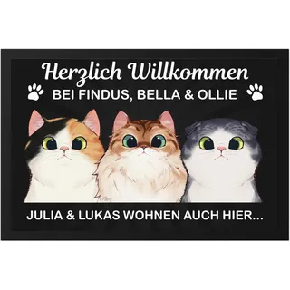 Kiddle-Design Personalisierte Fußmatte Katzen für Katzenbesitzer, Katzenmama und Katzenpapa | Fußabtreter als Geschenk mit Katzenmotiv | Schmutzfangmatte 60x40cm | 3 Katzen
