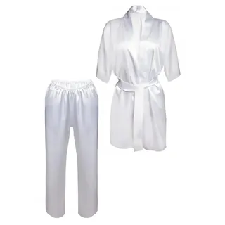 DKaren Pyjama Damen Satin Set S Keira - Schlafanzug für Damen, 2 Teiliges Set Nachtwäsche Pajamas for Women - Langarm Hose Elegante, Weiß