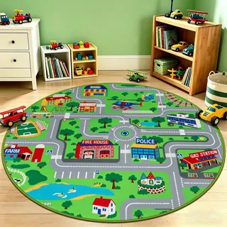 Capslpad Kinder Spielmatte ø120cm rutschfeste Kinderteppich Spielmatte für Spielzeugautos Waschbar Stadt Straßen Kinder Spielteppich Interaktives Auto Teppich für Kinde Spielzimmer Schlafzimmer Dekor