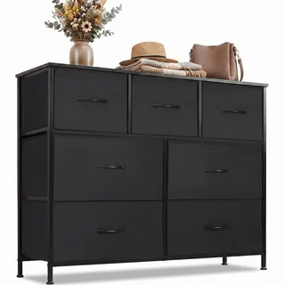 DUMOS Kommode mit Schubladen - Kommoden & Sideboards für Schlafzimmer Geeignet, Komodenschrank mit 7 Schubladen, Stoffkommode mit Stahlrahmen, Schrank Klein, Ideal für Flur, Wohnzimmer (Schwarz)