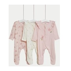 Girls M&S Collection 3pk Pure Cotton Bunny & Floral Sleepsuits (61⁄2lbs-3 Yrs) - Pale Pink Mix, Pale Pink Mix - 6-9 M