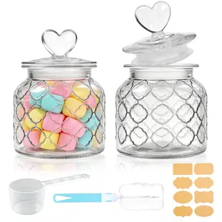 Mssushi 2stk 650ml Luftdicht Vorratsgläser, Glas Bonbonglas Herzförmiges mit Deckel, Geeignet für Candy Bar, Kekse, Süßigkeiten, Küche, inklusive Messlöffel (2, Transparentes Gitterdesign)