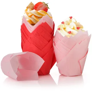 Spesh 100 Stücke Papier Muffinförmchen in Tulpenform Cupcake Formen Tulpe Einweg-Backbecher für Hochzeiten Geburtstag Osterfeier Familientreffen (Pink+Rot)