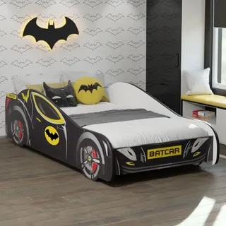 Autobett 70x140 cm Kinderbett Jugendbett mit Rausfallschutz | Kinder Spielbett Batman Batmobil Bat Car Auto Bett in schwarz - Schwarz