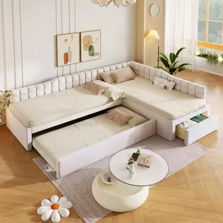 STILVORA Polsterbett 90x200cm mit Ausziehbett, Schlafbett mit Schubladen und weichem Samtbezug, Bett mit L-förmigem Design, Beige - Beige