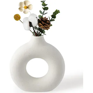BASVII Kleine Weiße Vase für Pampasgras - Boho Keramik Blumenvase Modern, Zimmer Aesthetic - Donut Rund für Wohnzimmer, Flur, Fensterbank, Esstisch