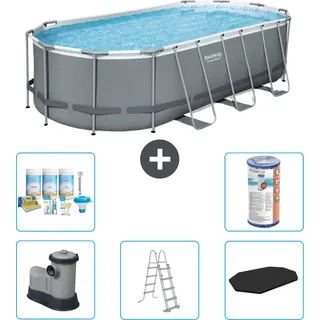 Bestway Oval Power Steel Swimmingpool – 549 x 274 x 122 – Grau – inklusive Pumpe – Leiter – Abdeckung Wartungspaket - Filter