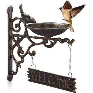 Relaxdays Vogeltränke Gusseisen, WELCOME Schild, Gartendeko, Wandmontage, Vintage, Wasserschale für Wildvögel, bronze