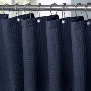 VANZAVANZU Schmaler Waffel Duschvorhang 92 x 182 cm mit Metall Duschvorhangringe Schwerer Stoff Textil Badewannenvorhang Anti Schimmel Bad Vorhang Wasserdicht Badezimmer Vorhang - Marineblau