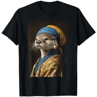 Lustiges Retro-Mädchen mit Perlenohrring, niedlicher Otter, Malkunst T-Shirt